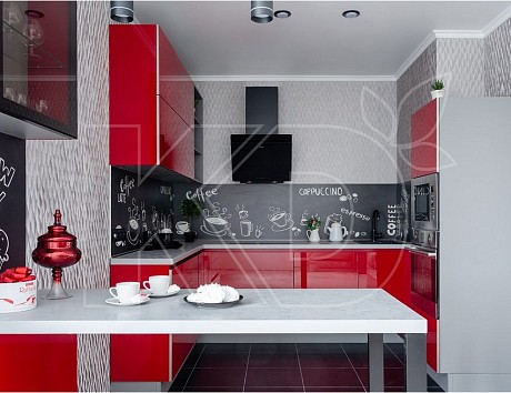 дизайн красно-белой кухни, дизайн кухни в красно-белых тонах